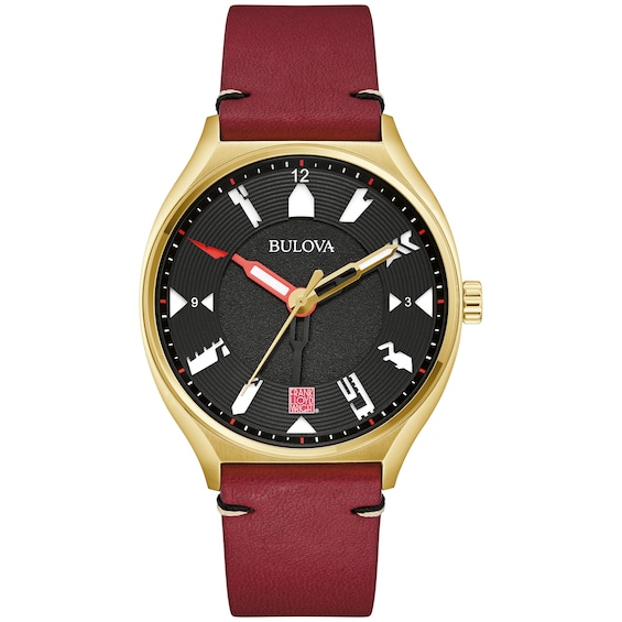 Men's Bulova Frank Lloyd Wright Gold-Tone IP Red leather Strap Automatic Watch with Black Dial (Model: 97A192)
