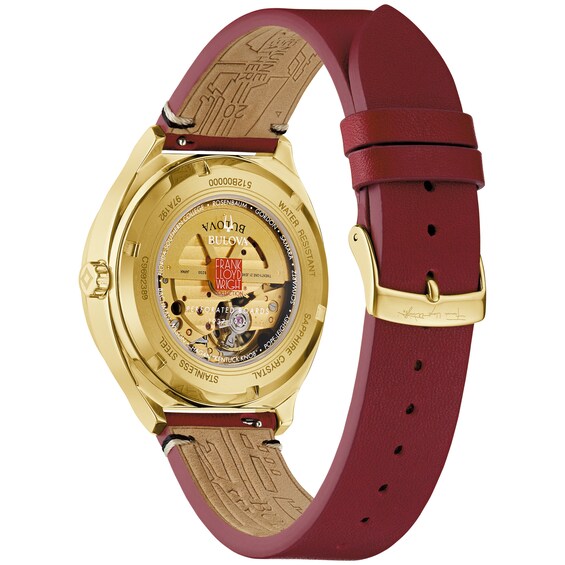 Men's Bulova Frank Lloyd Wright Gold-Tone IP Red leather Strap Automatic Watch with Black Dial (Model: 97A192)