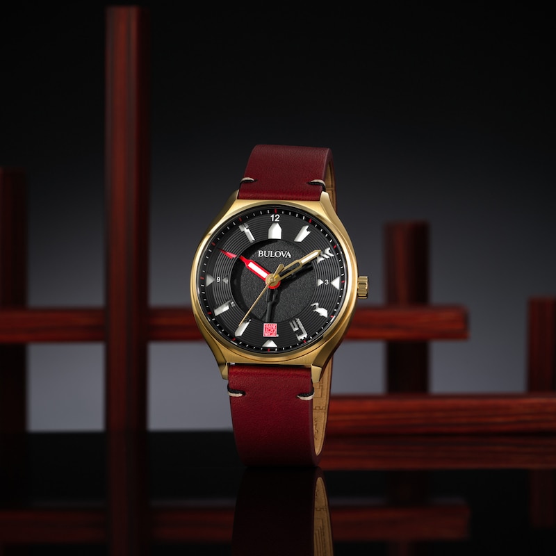 Main Image 4 of Men's Bulova Frank Lloyd Wright Gold-Tone IP Red leather Strap Automatic Watch with Black Dial (Model: 97A192)