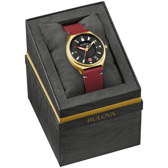 Men's Bulova Frank Lloyd Wright Gold-Tone IP Red leather Strap Automatic Watch with Black Dial (Model: 97A192)