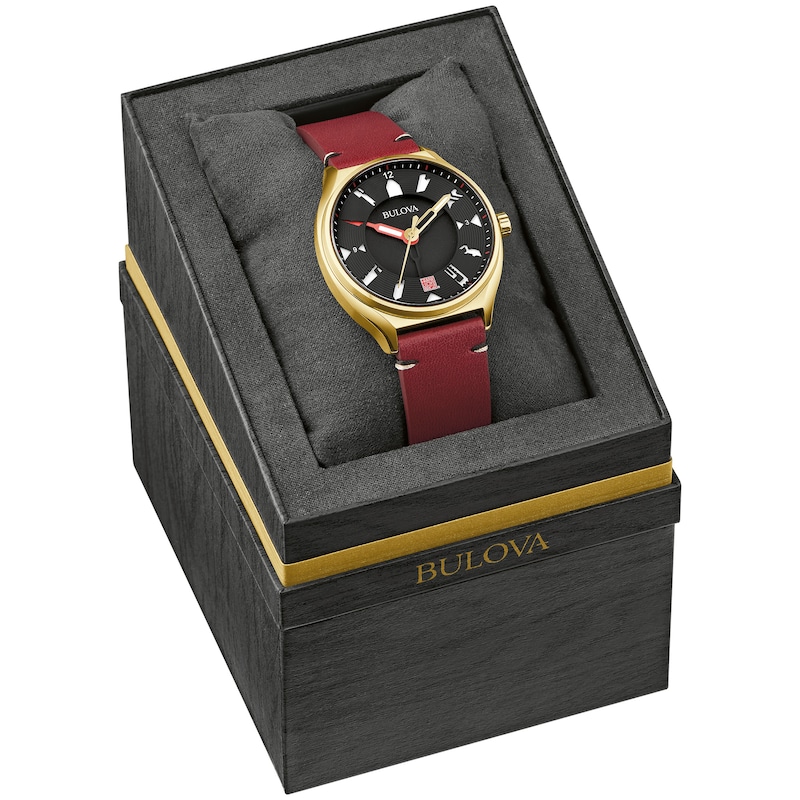 Main Image 5 of Men's Bulova Frank Lloyd Wright Gold-Tone IP Red leather Strap Automatic Watch with Black Dial (Model: 97A192)