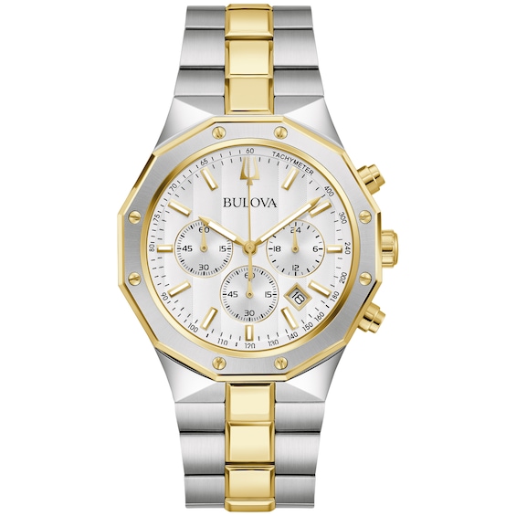 Men's Bulova Classic Prestige Two-Tone IP Chronograph Watch with White Dial (Model: 98B450)