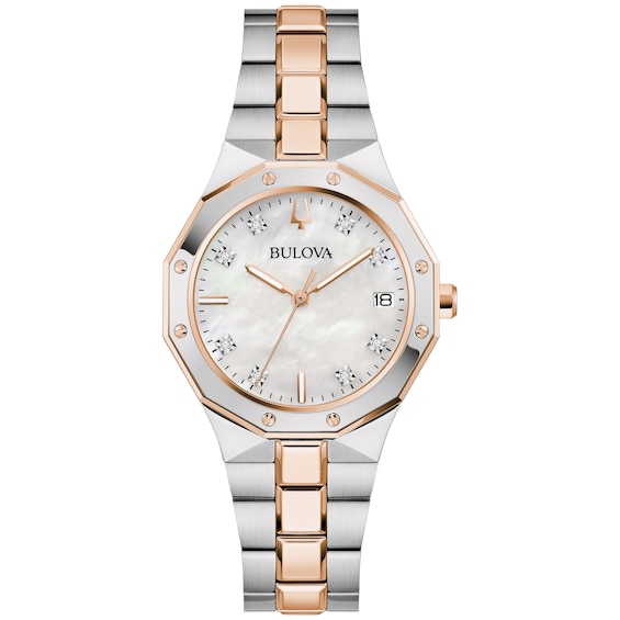 Ladies' Bulova Classic Prestige Diamond Accent Two-Tone IP Watch with Mother-of-Pearl Dial (Model: 98P235)