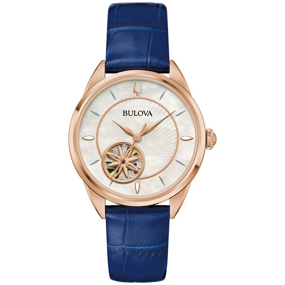 Ladies' Bulova Sutton Rose-Tone IP Blue Leather Strap Automatic Watch with Mother-of-Pearl Dial (Model: 97L180)