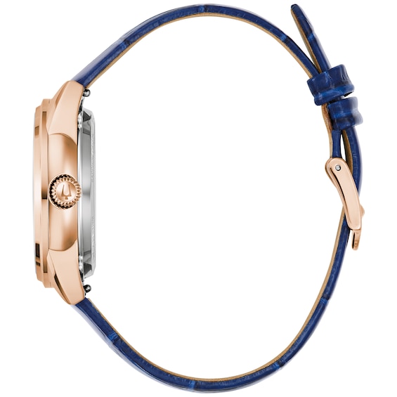 Ladies' Bulova Sutton Rose-Tone IP Blue Leather Strap Automatic Watch with Mother-of-Pearl Dial (Model: 97L180)