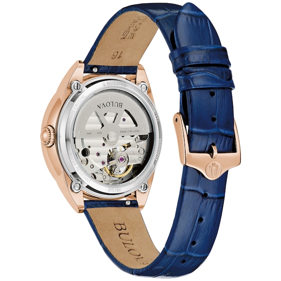 Ladies' Bulova Sutton Rose-Tone IP Blue Leather Strap Automatic Watch with Mother-of-Pearl Dial (Model: 97L180)
