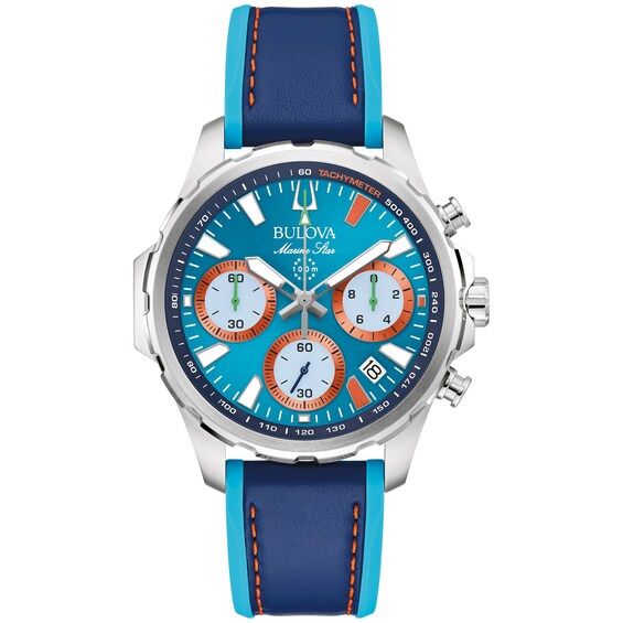 Men's Bulova Marine Star Blue Leather Strap Chronograph Watch with Blue Dial (Model: 96B460)