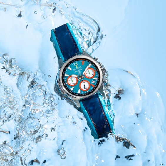Men's Bulova Marine Star Blue Leather Strap Chronograph Watch with Blue Dial (Model: 96B460)