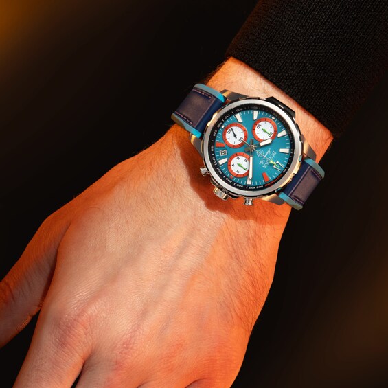 Men's Bulova Marine Star Blue Leather Strap Chronograph Watch with Blue Dial (Model: 96B460)