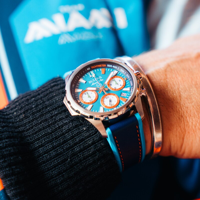 Main Image 7 of Men's Bulova Marine Star Blue Leather Strap Chronograph Watch with Blue Dial (Model: 96B460)