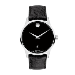 Men's Movado Museum® Classic Black Leather Strap Automatic Watch with Black Dial (Model: 608024)