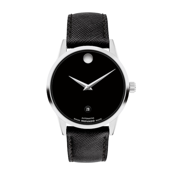 Men's Movado Museum® Classic Black Leather Strap Automatic Watch with Black Dial (Model: 608024)