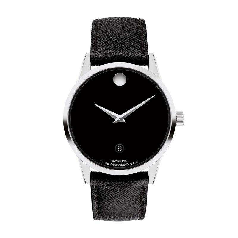 Main Image 1 of Men's Movado Museum® Classic Black Leather Strap Automatic Watch with Black Dial (Model: 608024)