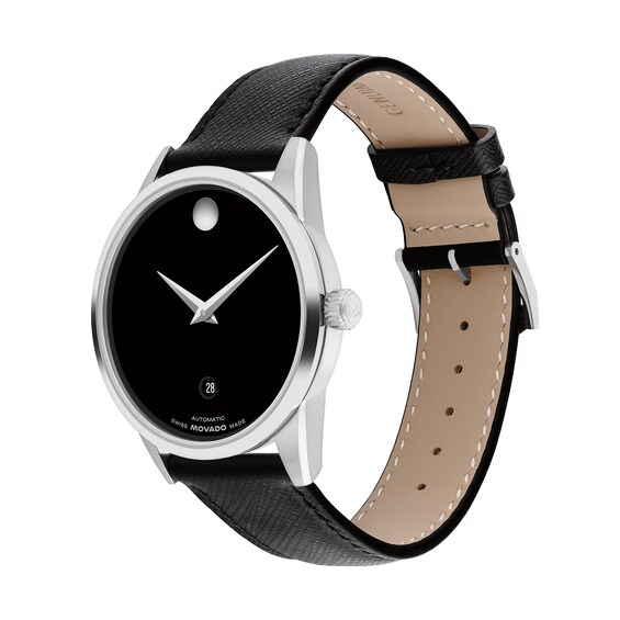 Men's Movado MuseumÂ® Classic Black Leather Strap Automatic Watch with Black Dial (Model: 608024)