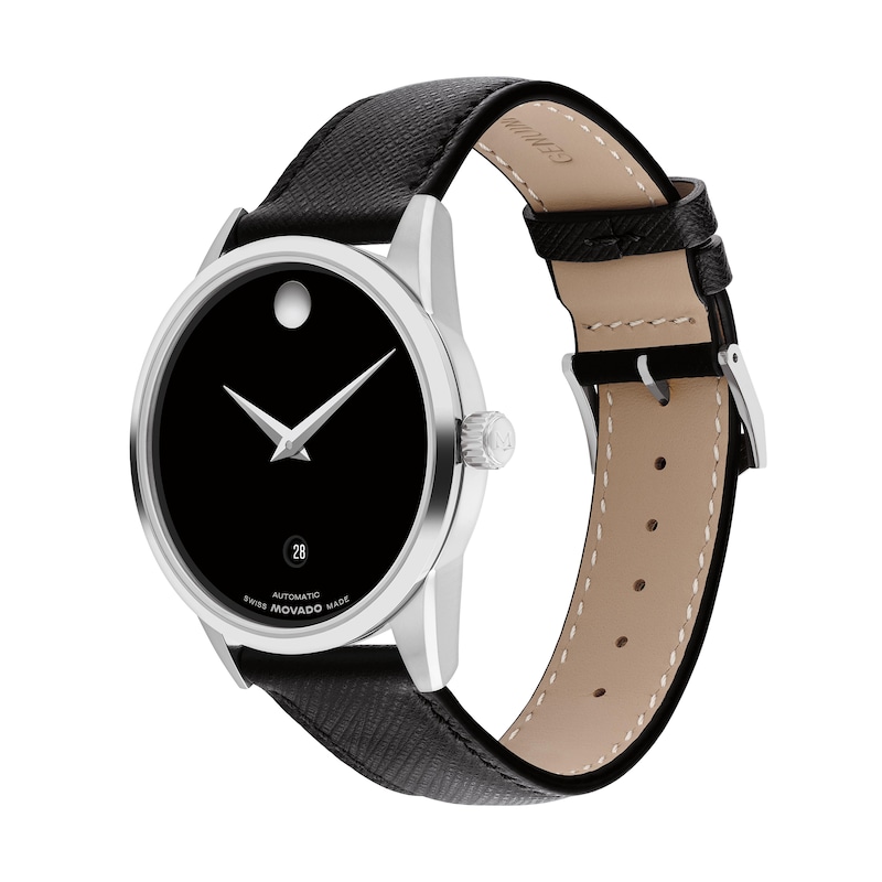 Main Image 2 of Men's Movado Museum® Classic Black Leather Strap Automatic Watch with Black Dial (Model: 608024)