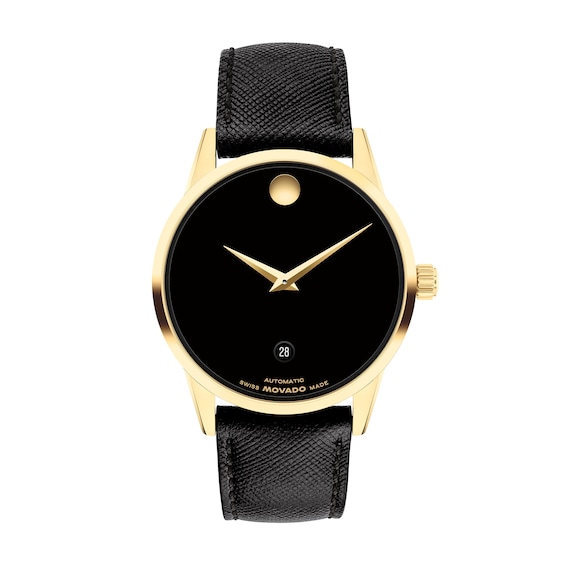 Men's Movado MuseumÂ® Classic Gold-Tone PVD Black Leather Strap Automatic Watch with Black Dial (Model: 608025)