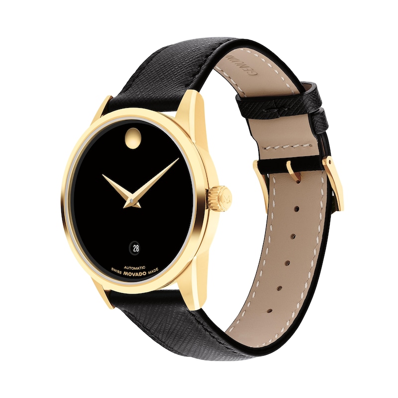 Main Image 2 of Men's Movado Museum® Classic Gold-Tone PVD Black Leather Strap Automatic Watch with Black Dial (Model: 608025)