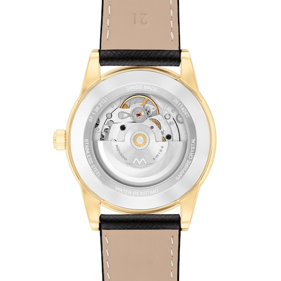 Men's Movado MuseumÂ® Classic Gold-Tone PVD Black Leather Strap Automatic Watch with Black Dial (Model: 608025)