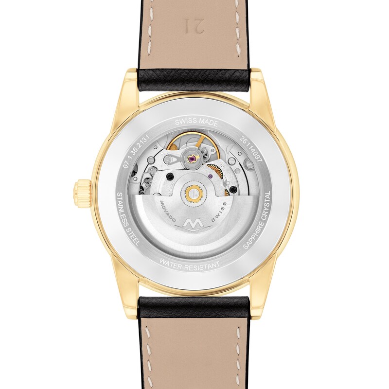 Main Image 3 of Men's Movado Museum® Classic Gold-Tone PVD Black Leather Strap Automatic Watch with Black Dial (Model: 608025)