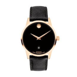 Men's Movado Museum® Classic Rose-Tone PVD Black Leather Strap Automatic Watch with Black Dial (Model: 608026)