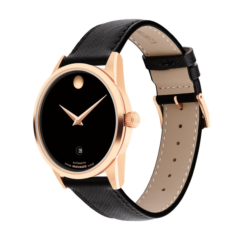 Main Image 2 of Men's Movado Museum® Classic Rose-Tone PVD Black Leather Strap Automatic Watch with Black Dial (Model: 608026)