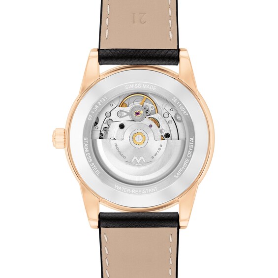 Men's Movado MuseumÂ® Classic Rose-Tone PVD Black Leather Strap Automatic Watch with Black Dial (Model: 608026)