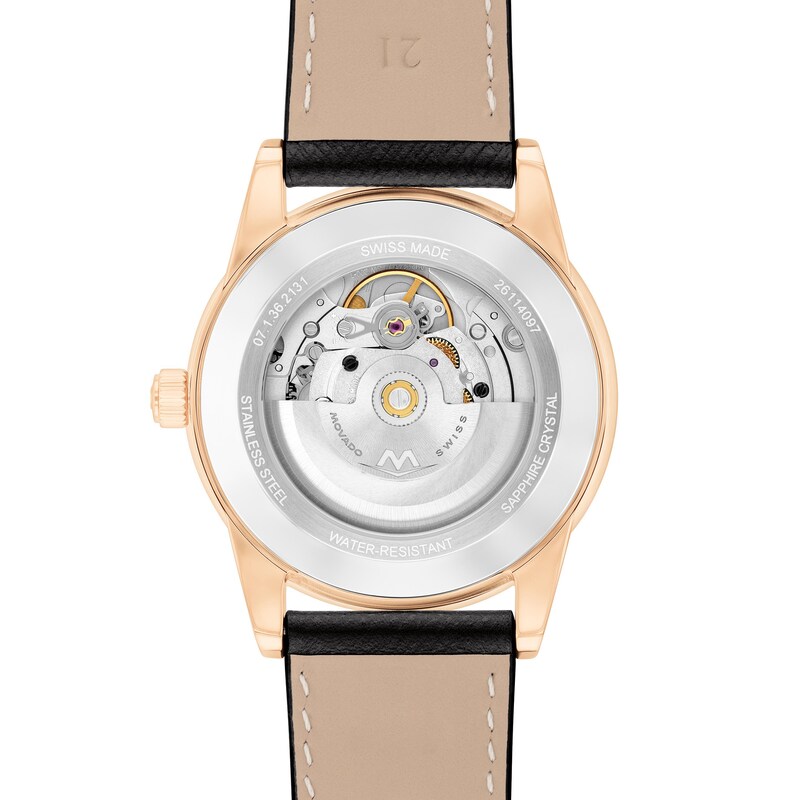 Main Image 3 of Men's Movado Museum® Classic Rose-Tone PVD Black Leather Strap Automatic Watch with Black Dial (Model: 608026)