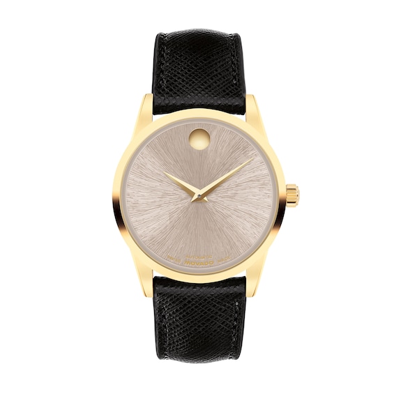Ladies' Movado MuseumÂ® Classic Gold-Tone PVD Black Leather Strap Automatic Watch with Grey Dial (Model: 608006)