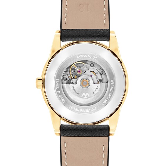 Ladies' Movado MuseumÂ® Classic Gold-Tone PVD Black Leather Strap Automatic Watch with Grey Dial (Model: 608006)