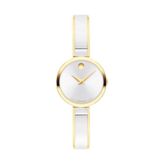 Ladies' Movado Moda Two-Tone PVD Bangle Watch with Silvery-White Sunray Dial (Model: 608012)