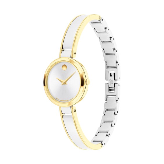 Ladies' Movado Moda Two-Tone PVD Bangle Watch with Silvery-White Sunray Dial (Model: 608012)