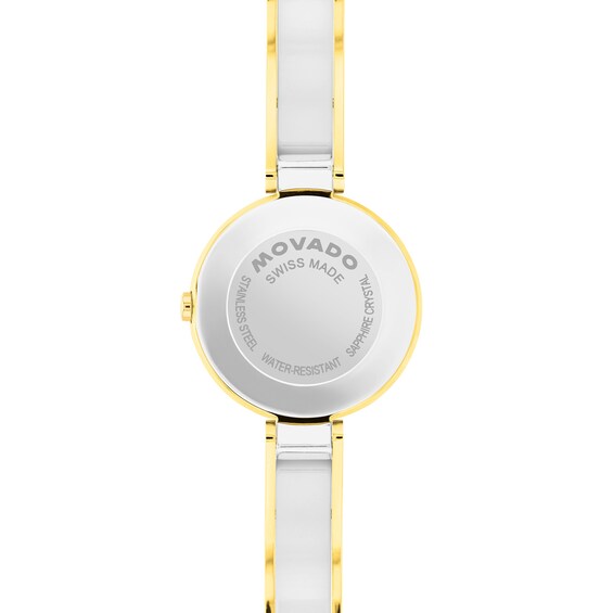 Ladies' Movado Moda Two-Tone PVD Bangle Watch with Silvery-White Sunray Dial (Model: 608012)