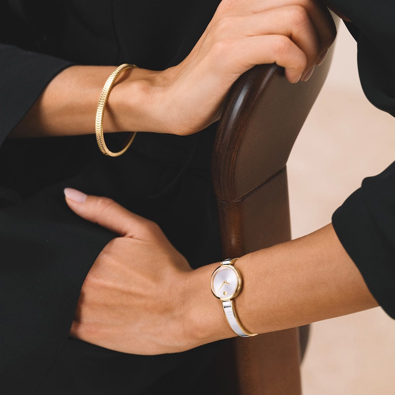 Main Image 5 of Ladies' Movado Moda Two-Tone PVD Bangle Watch with Silvery-White Sunray Dial (Model: 608012)