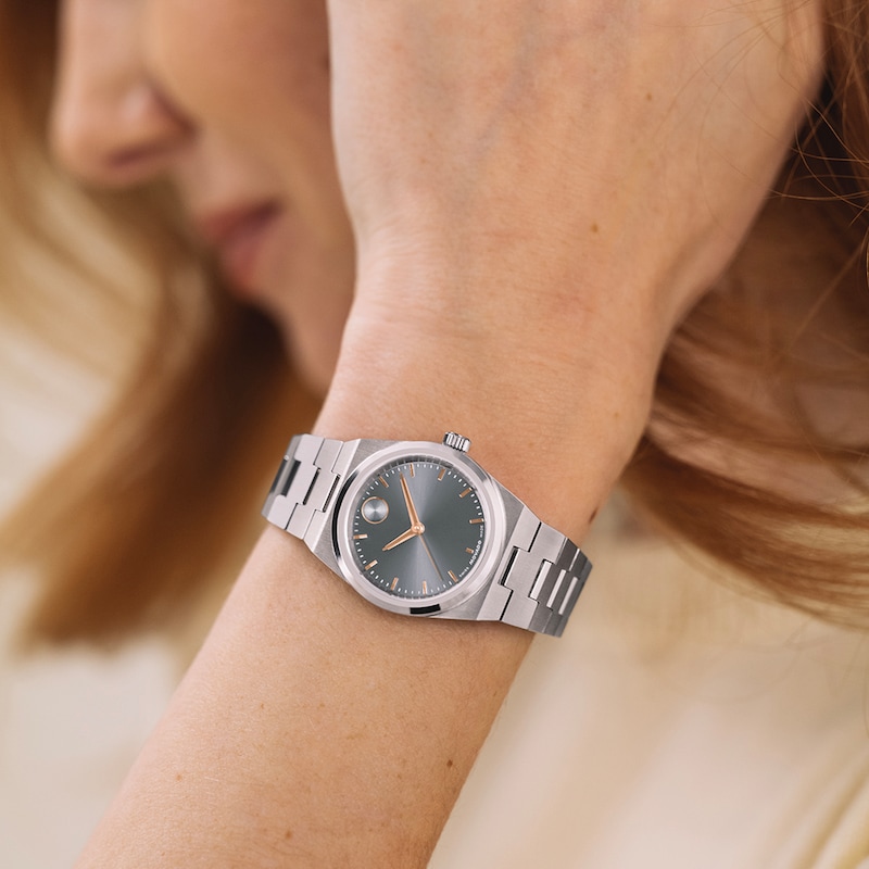 Main Image 4 of Ladies' Movado Bold® Quest Mini Stainless Steel Watch with Grey Sunray Dial (Model: 3601290)