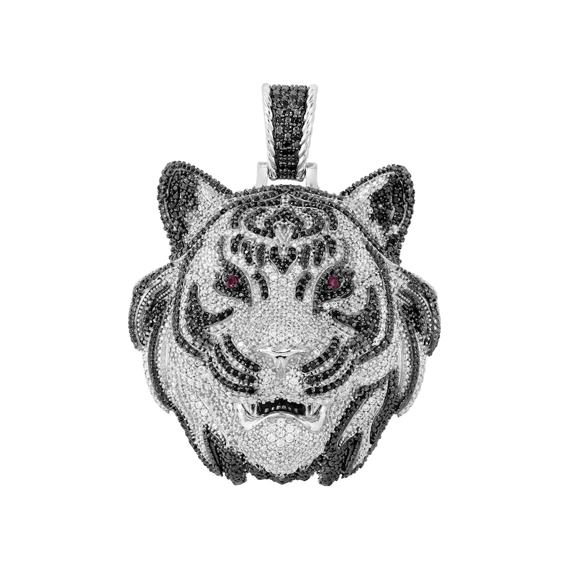 Main Image 1 of 2-7/8 CT. T.W. Black and White Diamond with Certified Ruby Tiger Head Necklace Charm in Sterling Silver