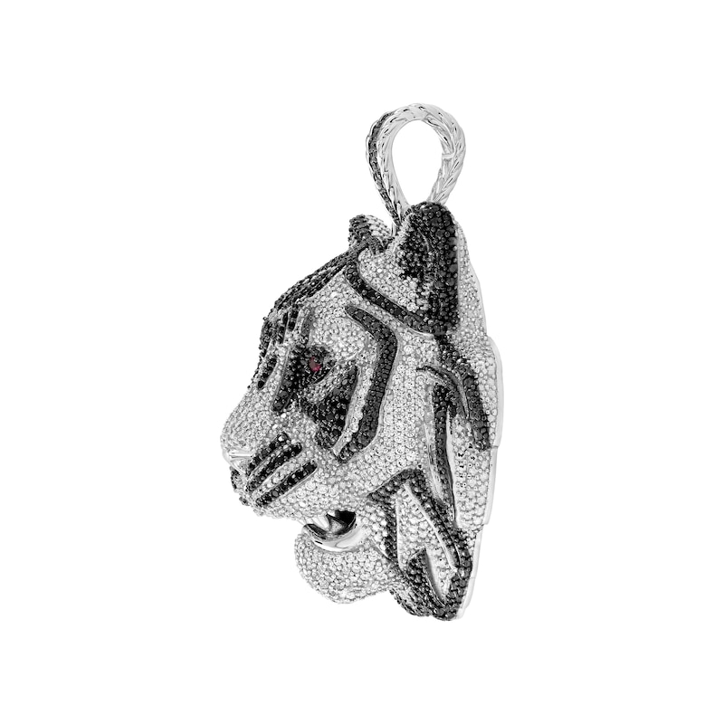 Main Image 2 of 2-7/8 CT. T.W. Black and White Diamond with Certified Ruby Tiger Head Necklace Charm in Sterling Silver