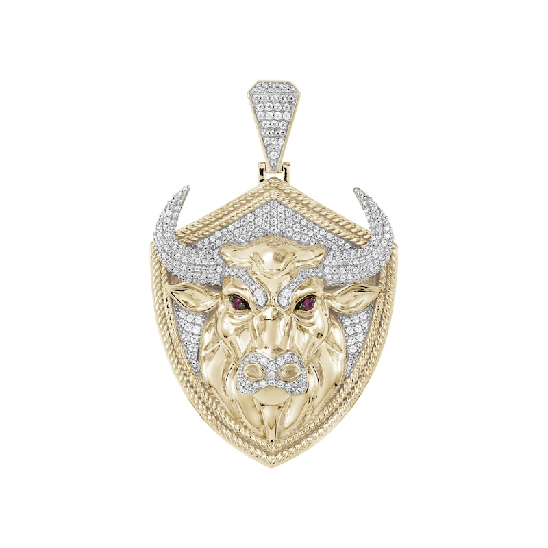 Main Image 1 of 7/8 CT. T.W. Diamond and Certified Ruby Bull Head Shield Necklace Charm in Sterling Silver with 14K Gold Plate