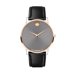 Men's Movado Museum® Classic Two-Tone PVD Black Leather Strap Watch with Textured Grey Dial (Model: 607999)