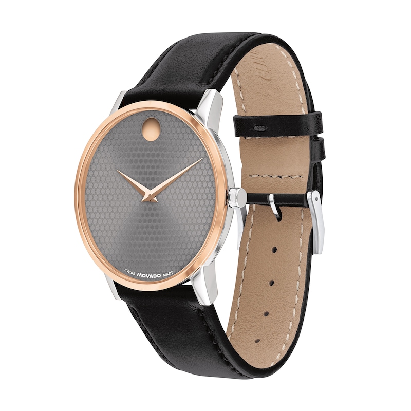 Main Image 2 of Men's Movado Museum® Classic Two-Tone PVD Black Leather Strap Watch with Textured Grey Dial (Model: 607999)
