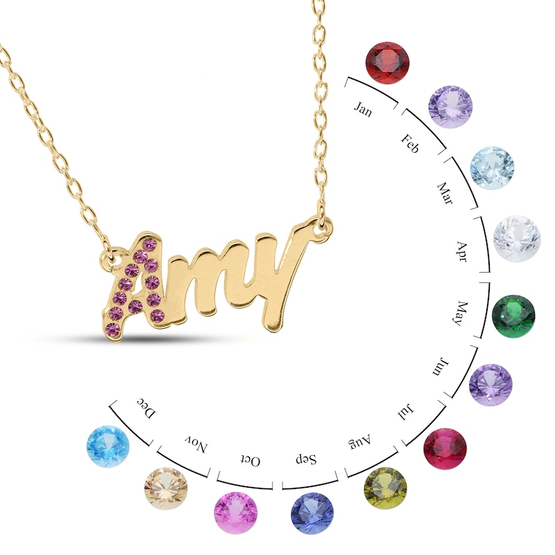 Main Image 3 of Birthstone Crystal Name Necklace in Sterling Silver with 14K Gold Plate (1 Stone and Line) - 16"
