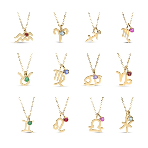Birthstone Crystal and Zodiac Sign Double Charm Pendant in Sterling Silver with 14K Gold Plate (1 Stone and Sign)