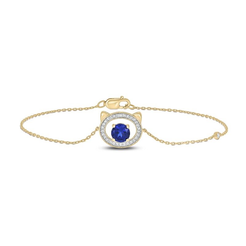 Main Image 1 of 5.0mm Blue Lab-Created Sapphire and 1/10 CT. T.W. Diamond Cat Frame Bracelet in 10K Gold