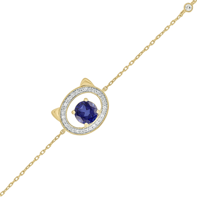 Main Image 2 of 5.0mm Blue Lab-Created Sapphire and 1/10 CT. T.W. Diamond Cat Frame Bracelet in 10K Gold