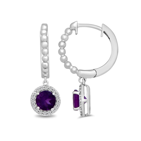 5.0mm Amethyst and White Lab-Created Sapphire Beaded Hoop Drop Earrings in Sterling Silver