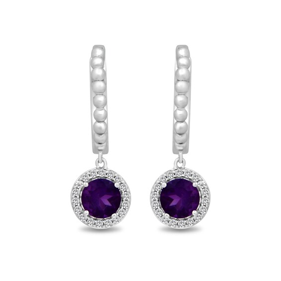 5.0mm Amethyst and White Lab-Created Sapphire Beaded Hoop Drop Earrings in Sterling Silver