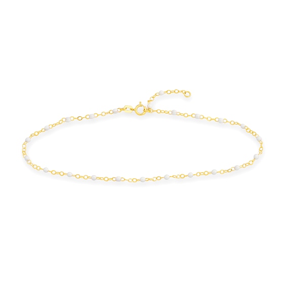 White Enamel Bead Station Chain Anklet in 14K Gold - 10"
