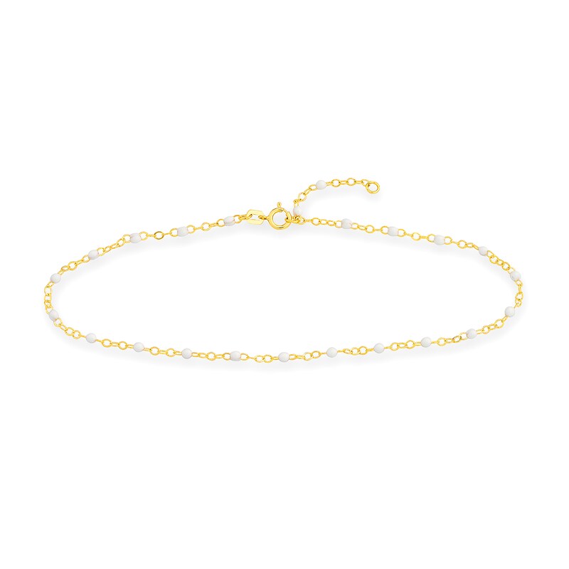 Main Image 1 of White Enamel Bead Station Chain Anklet in 14K Gold - 10"