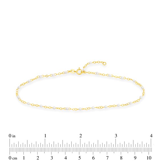 White Enamel Bead Station Chain Anklet in 14K Gold - 10"