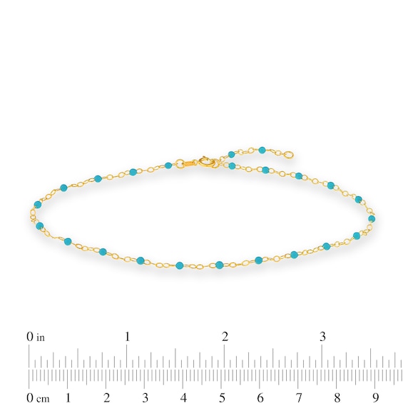 Turquoise Enamel Bead Station Chain Anklet in 14K Gold - 10"