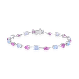 Multi-Shaped Lab-Created Aquamarine and Pink Lab-Created Sapphire Line Bracelet in Sterling Silver